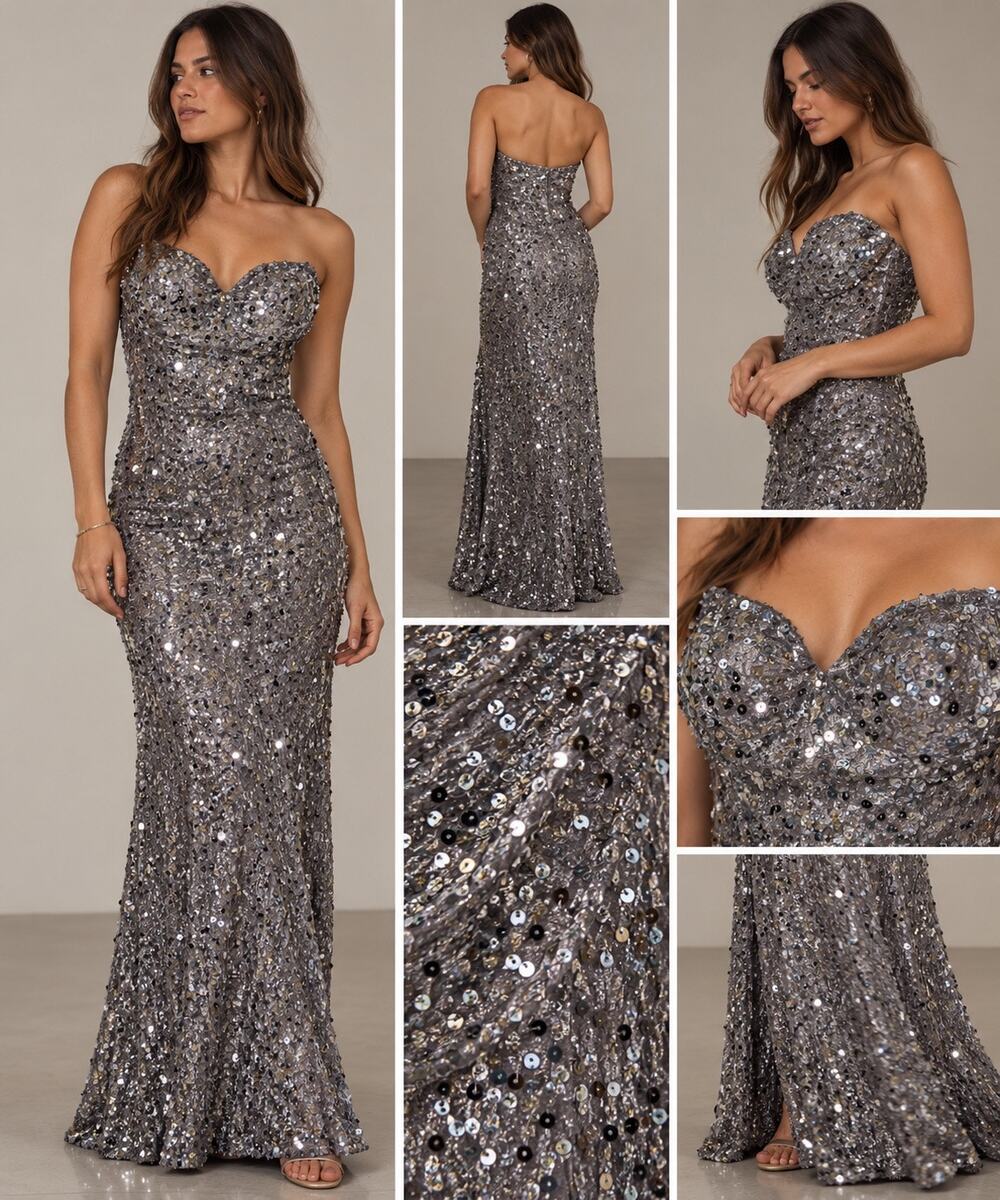 Silver Sequin Velvet Strapless Sweetheart Maxi Gown Prom Formal Evening Dress